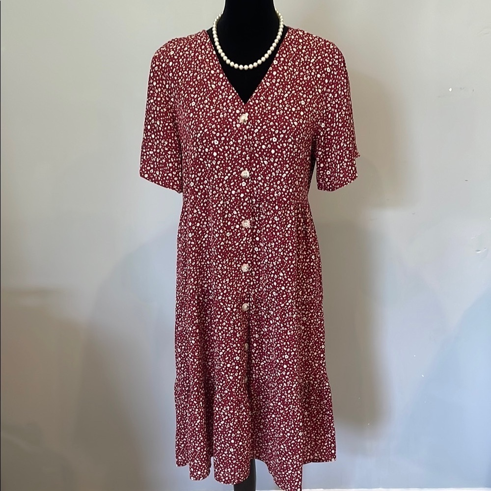 Red- burgundy Floral Dress peasant style small loose fit